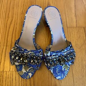 Tory Burch Valentina Brocade Embellished Bow Slide Sandals